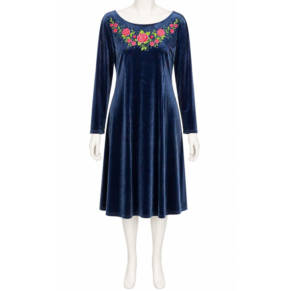 Velour Floral Embroidered Tunic Dress Boho Cottagecore Stretch 1X Quacker Factor